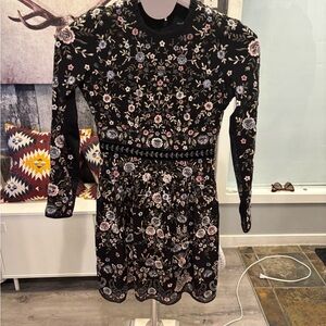 Needle & Thread Ella Patchwork Black Floral Embroidered Long Sleeve Mini Dress